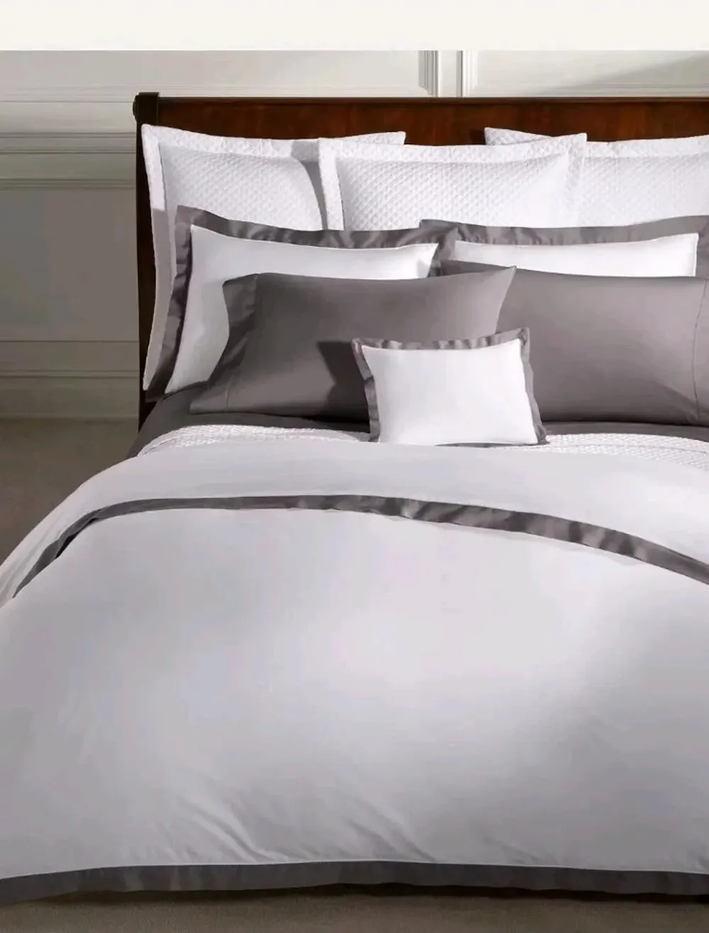 Ralph Lauren Cotton Sateen Graphite Trim Langdon King Duvet Sham Sheet Set White
